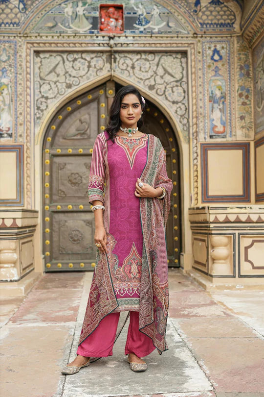 Women Wine Muslin Silk Ajrakh With Paisley Print Indian Suit Set BE UNIQUE WEAR