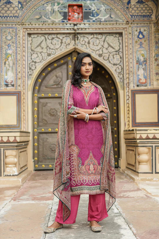 Women Wine Muslin Silk Ajrakh With Paisley Print Indian Suit Set BE UNIQUE WEAR