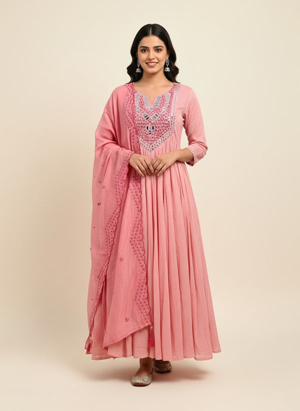Pink Chanderi Silk Mirror Work Anarkali Suit