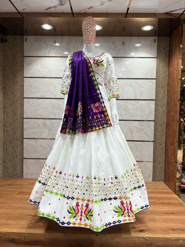 White Chaniya Choli With Hand Work And Mirror Work Dupatta