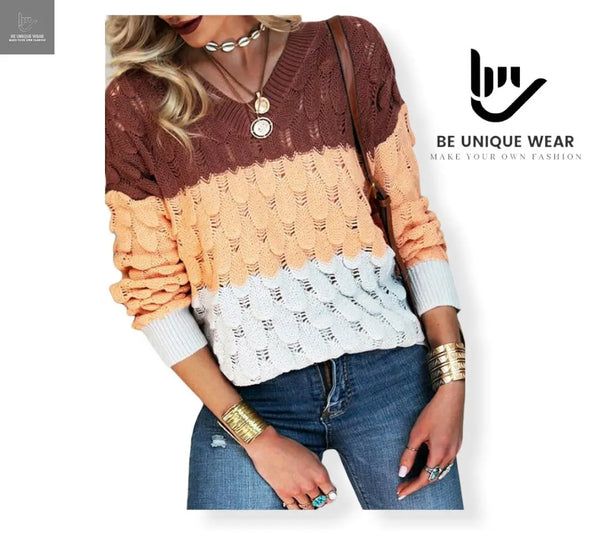 Color Block V _Neck Hollow_Out Sweater BE UNIQUE WEAR