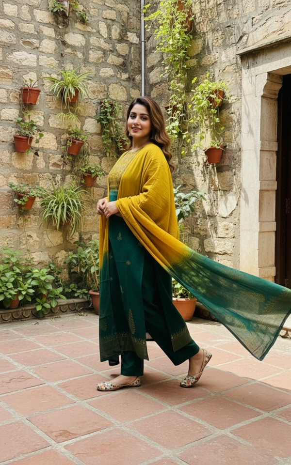 Woman in a green and yellow traditional outfit standing in front of a stone wall with plants.