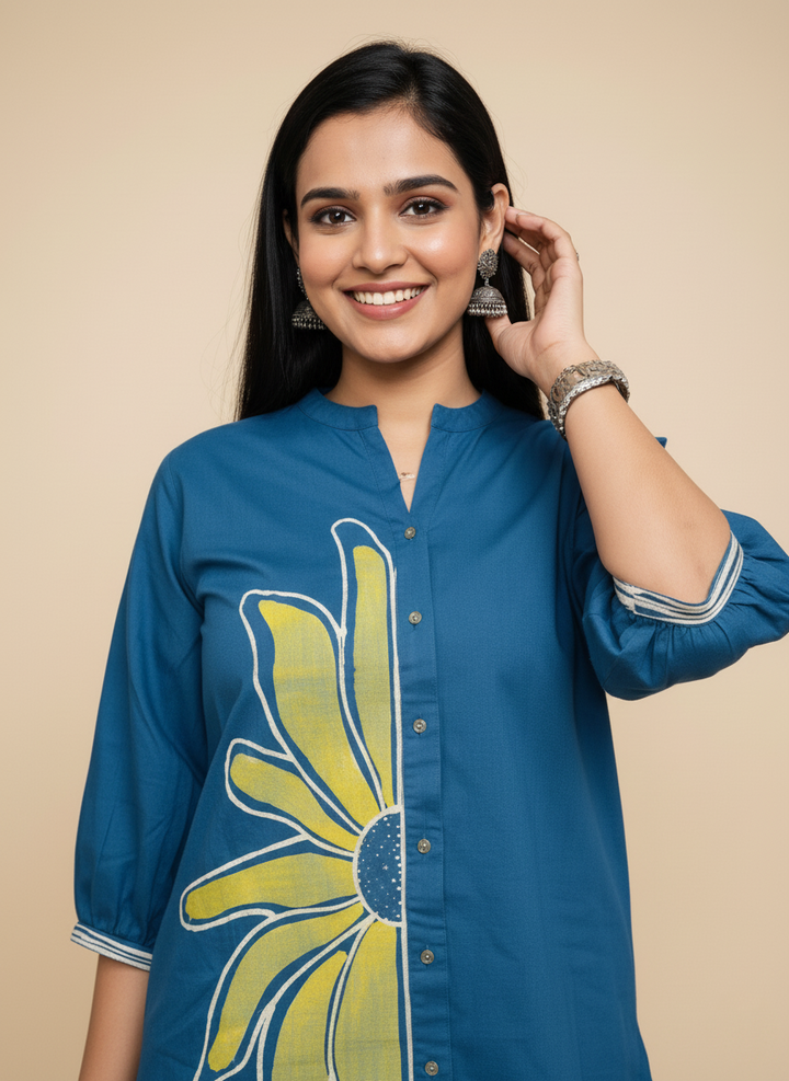 Woman wearing a blue kurta with a yellow floral design on a beige background