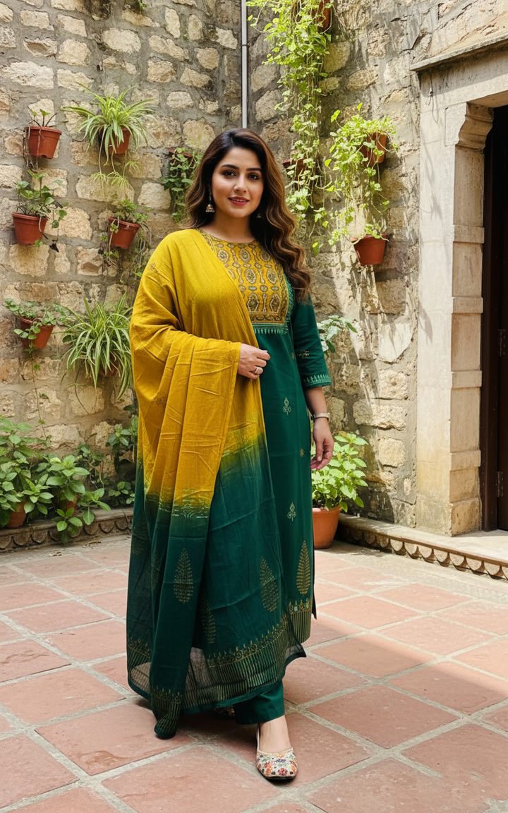 Woman in a green and yellow traditional outfit standing in an outdoor setting with stone walls and plants.