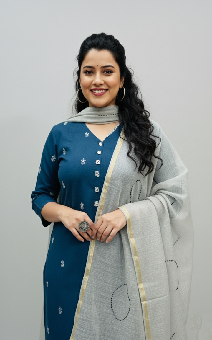 Woman wearing a blue and white traditional outfit with a gray dupatta against a plain background