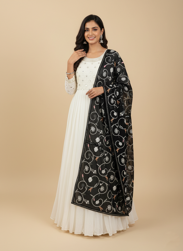 Premium Georgette Flare White Gown With Dupatta