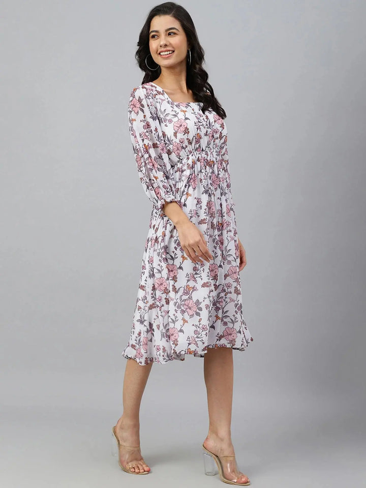 Georgette White Floral Print Flared Western Dress BE UNIQUE WEAR