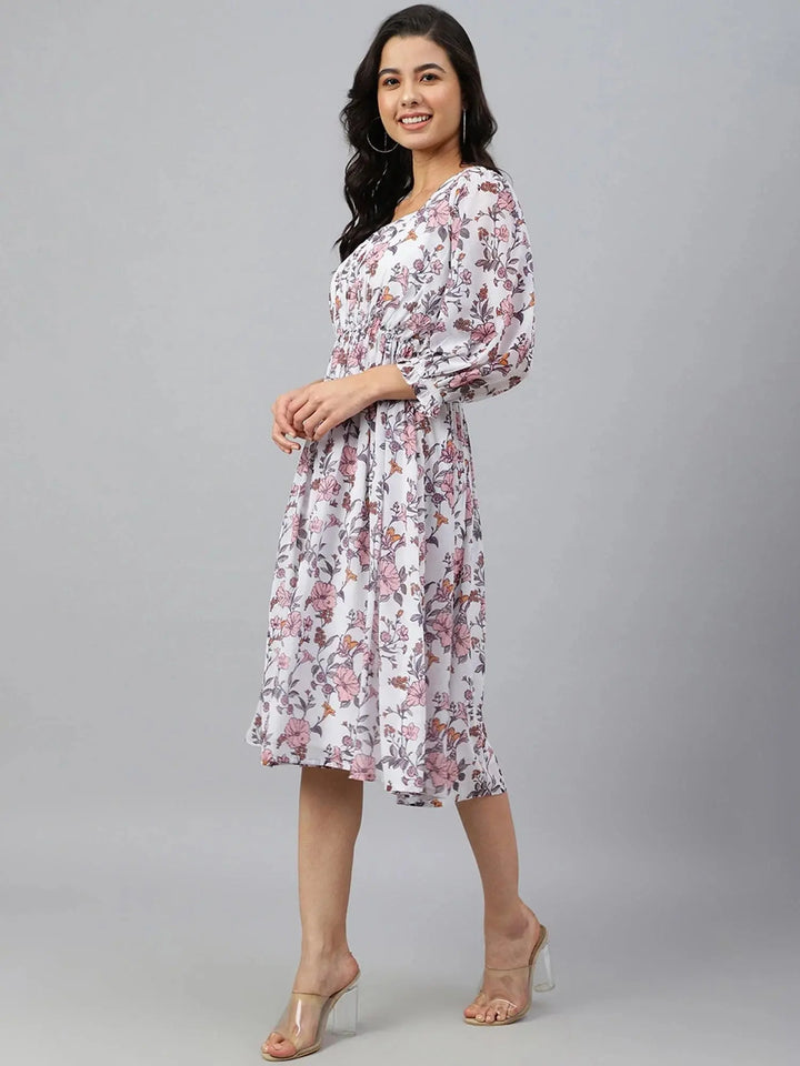 Georgette White Floral Print Flared Western Dress BE UNIQUE WEAR