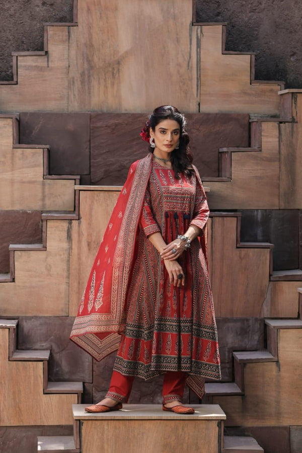 Indian Marron Beautiful 3pcs Anarkali Dress Suit