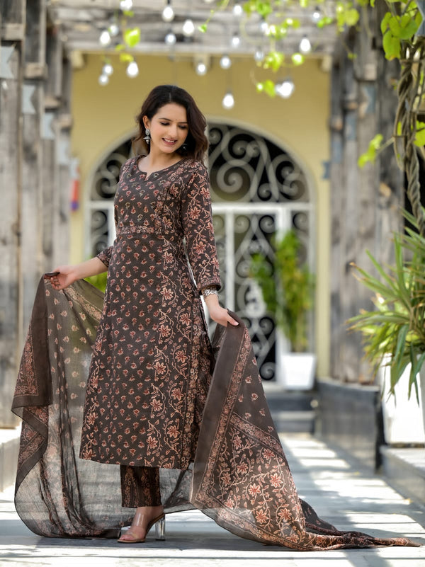 Round Neck Printed Cotton  Women Kurti Set