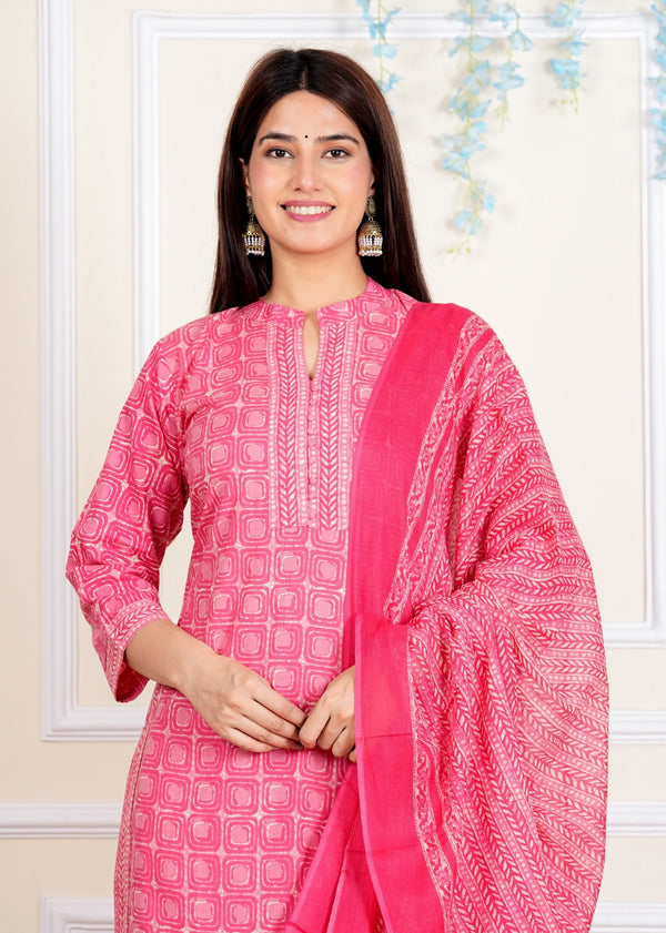 Pink Printed Straight Cotton Kurta Set For Women