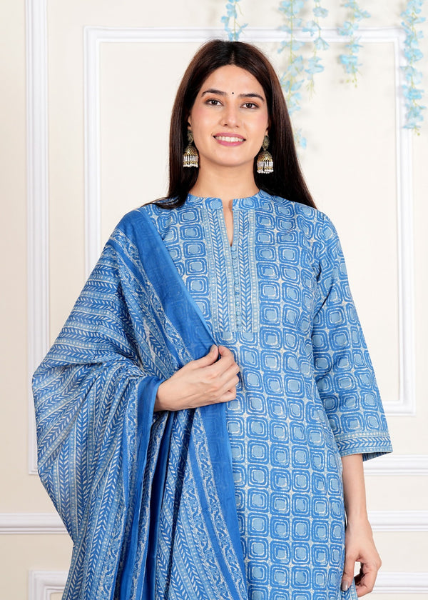 Indian Blue Printed Straight Cotton Kurta Set for Women