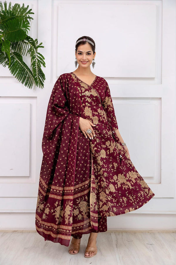 Maroon Jaipuri Idaho Pattern Floral Print Suit