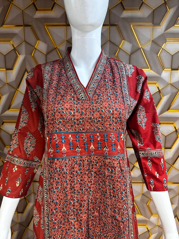 Indian V Neck Printed Cotton Kurta