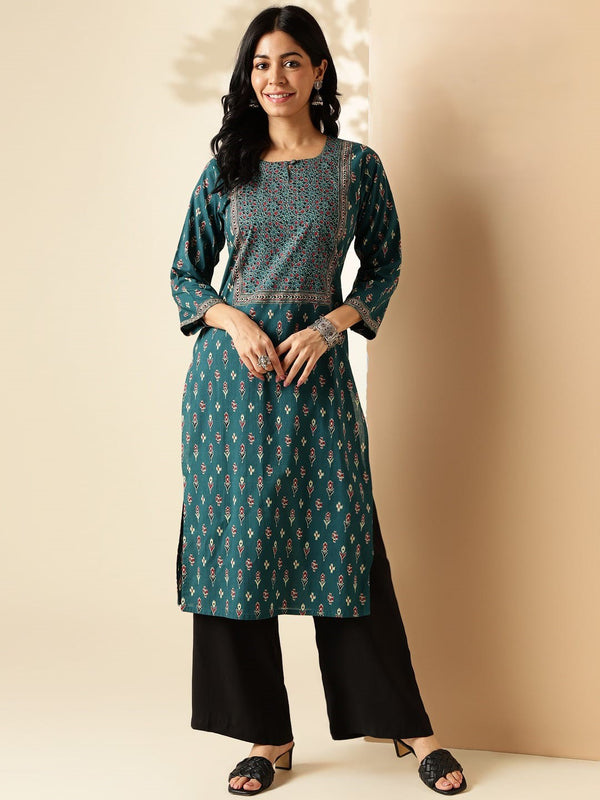 Dark Rama Block Print Straight Cotton Kurta