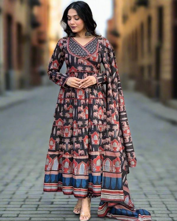 Anarkali Printed Multicolor Indian Suit