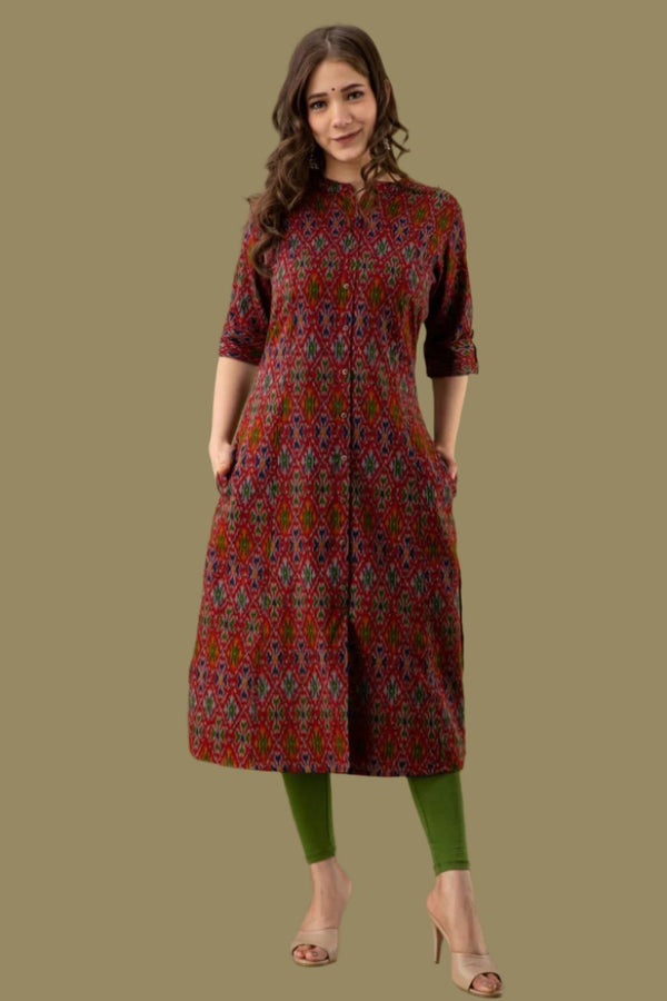 Maroon Jaipuri Patola Print A-Line Kurti