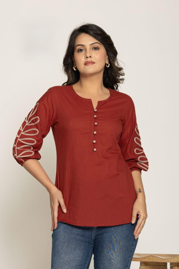 Be Unique Wear Indian Brown 3/4 Sleeve Cotton Top For Women