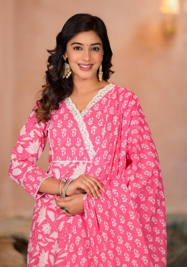 Beatiful Pink Indian 3pcs Cotton Suit Set