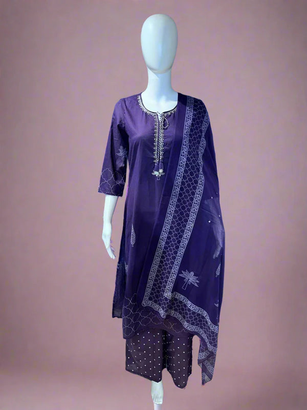 Purple Cotton 3pcs Salwar Suit