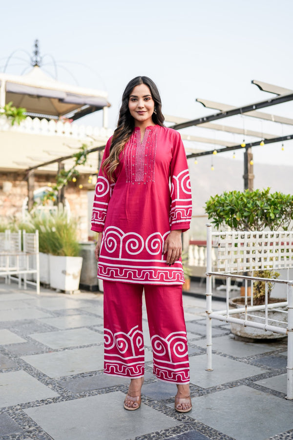 Red Collared Neck Printed Women Co Set