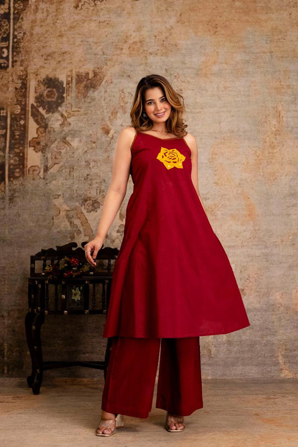 Round Neck Red Sleeveless Women Co Set