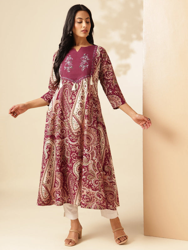 Wine Paisley Printed Anarkali Cotton Kurti only
