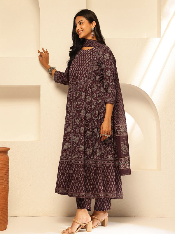 Floral Print With Ruffled Wine Anarkali Cotton Kurta Set