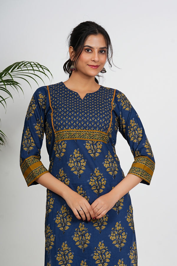Aqua Blue Floral Print Straight Cotton Kurta