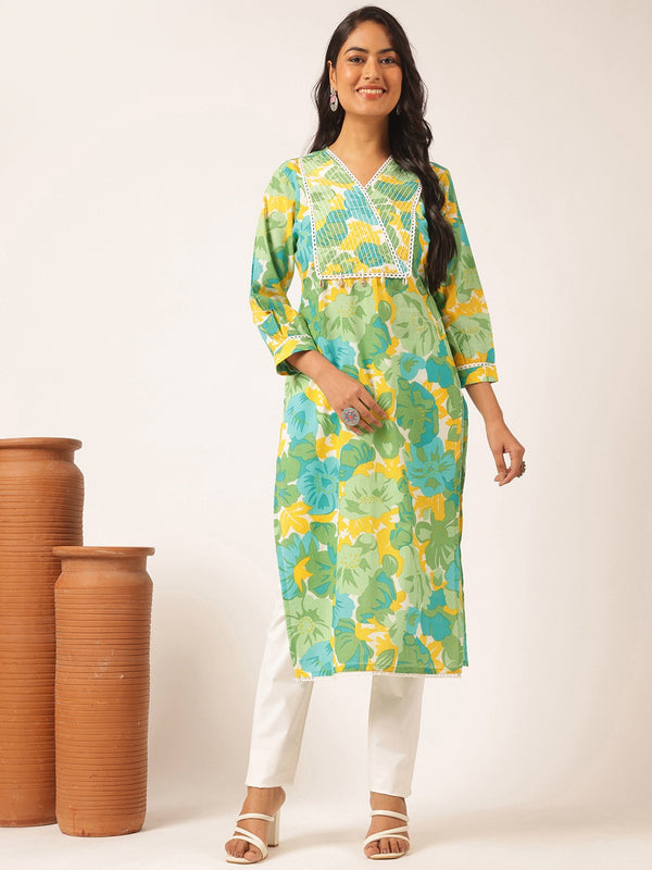 Light Green Floral Printed Straight Cotton Kurta Only