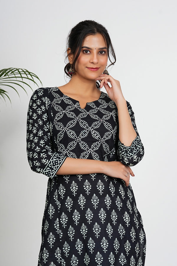Black Floral Print Straight Cotton Kurta Only
