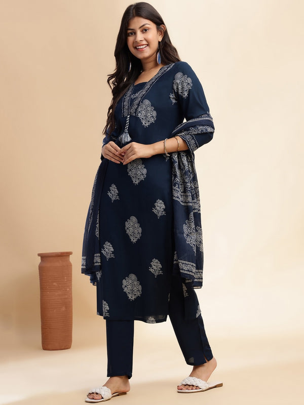 Cotton Royal Blue Floral Print Straight Stitched Kurta Set