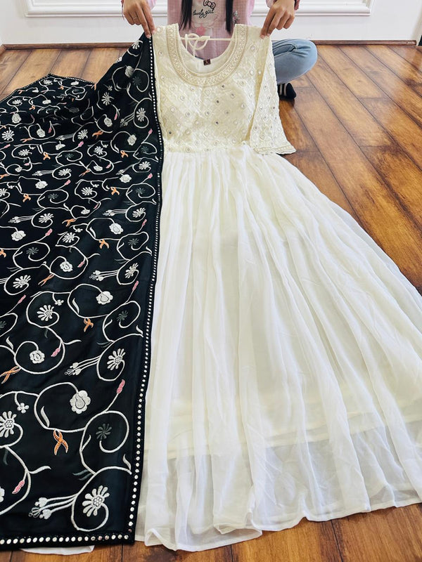 Premium Georgette Flare White Gown With Dupatta