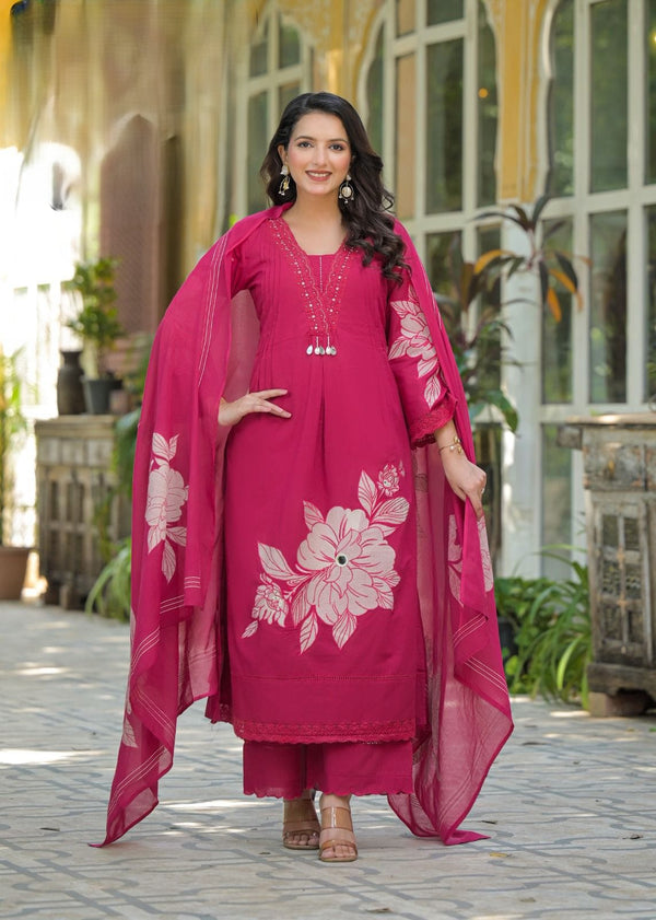 Rani Pink Cotton Kurta Palazzo Set with Large Floral Design