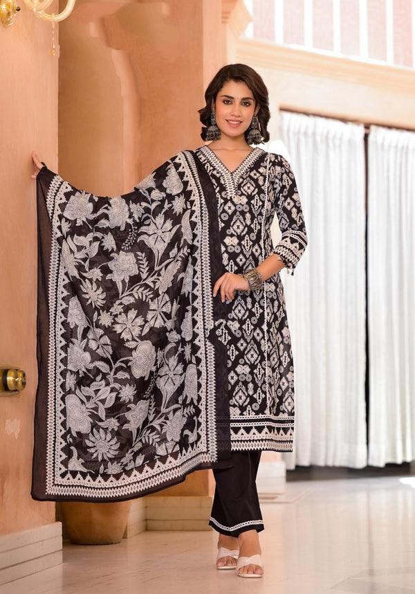 Printed Black Indian Cotton Kurta Set For Women