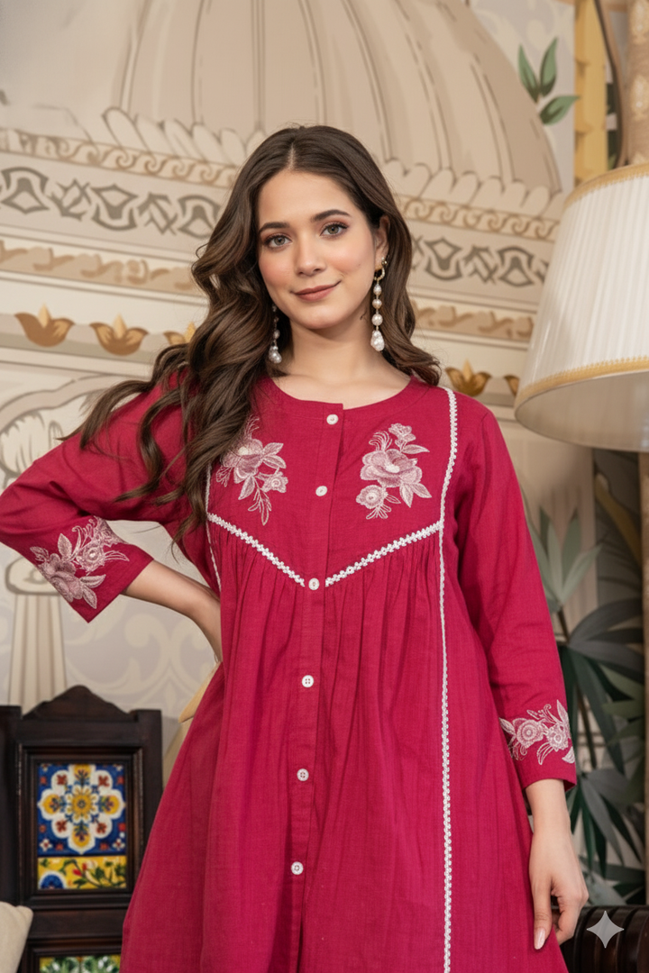 Woman wearing a red embroidered dress in an indoor setting with decorative elements.