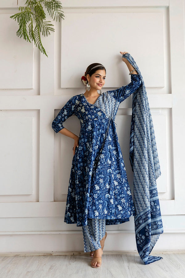 Jaipuri Blue Floral Print Idaho Pattern Cotton Suit