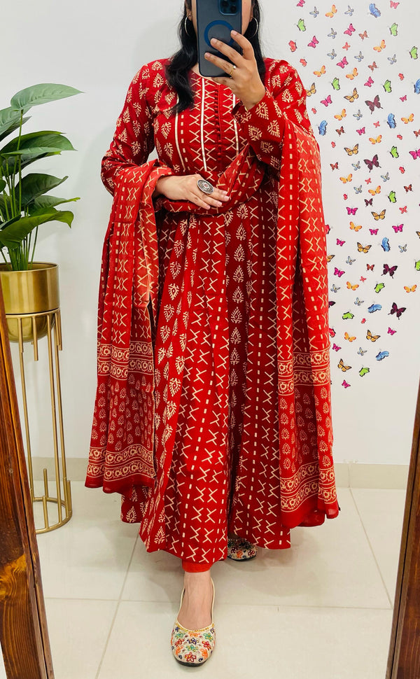 Maroon Red Cotton Anarkali Dress with Gota Detailing