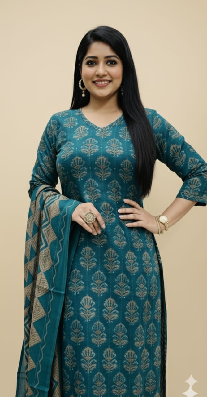 Woman wearing a teal traditional outfit with a beige background