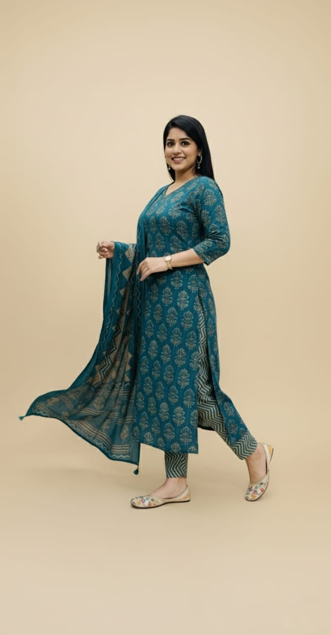 Woman wearing a teal traditional outfit with a beige background