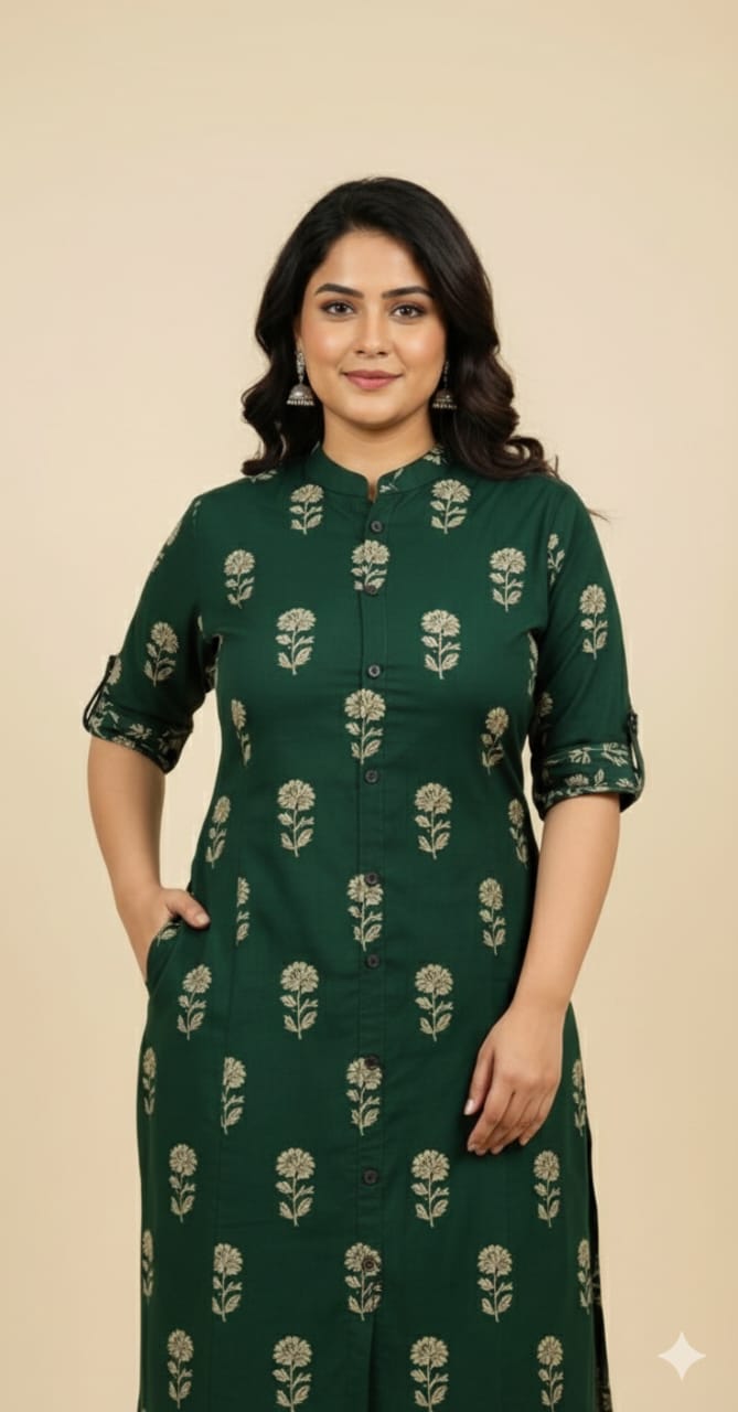 Woman wearing a green floral dress against a beige background