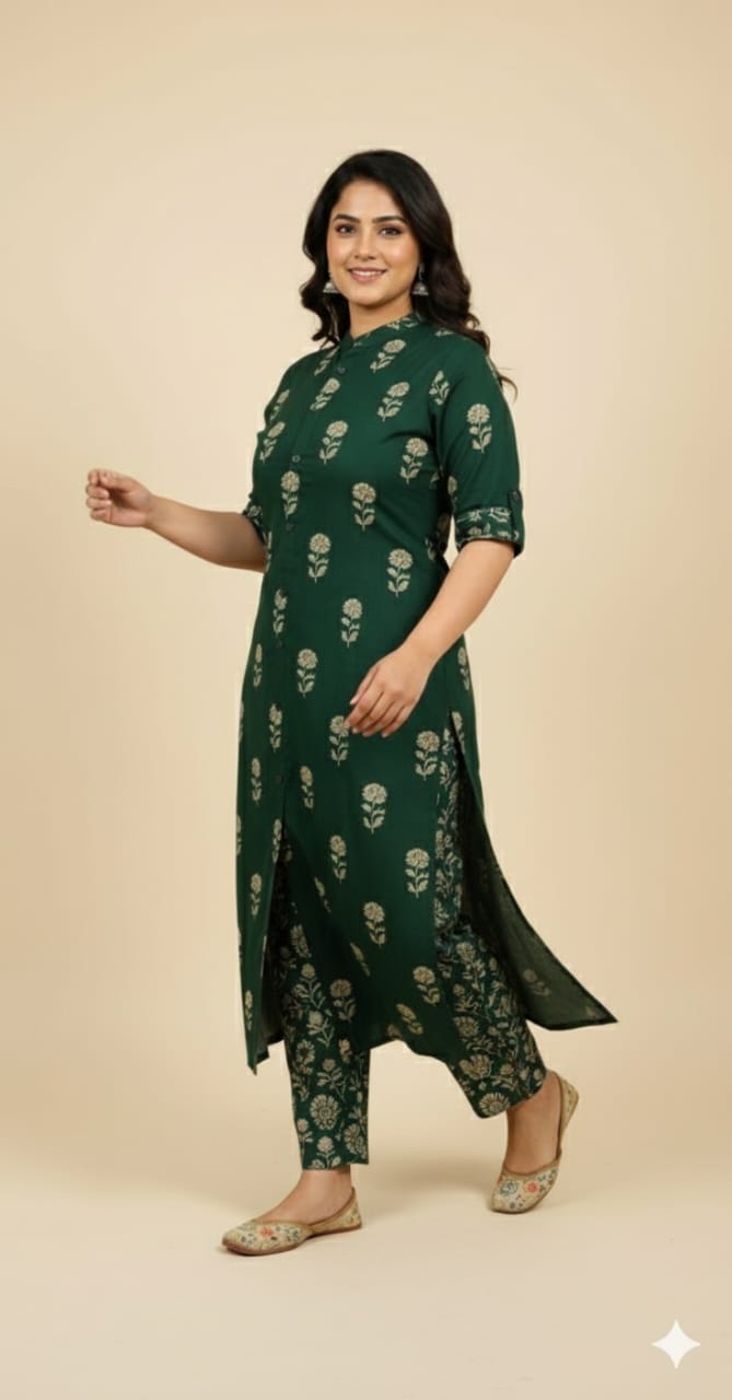 Woman wearing a green patterned kurta with a beige background