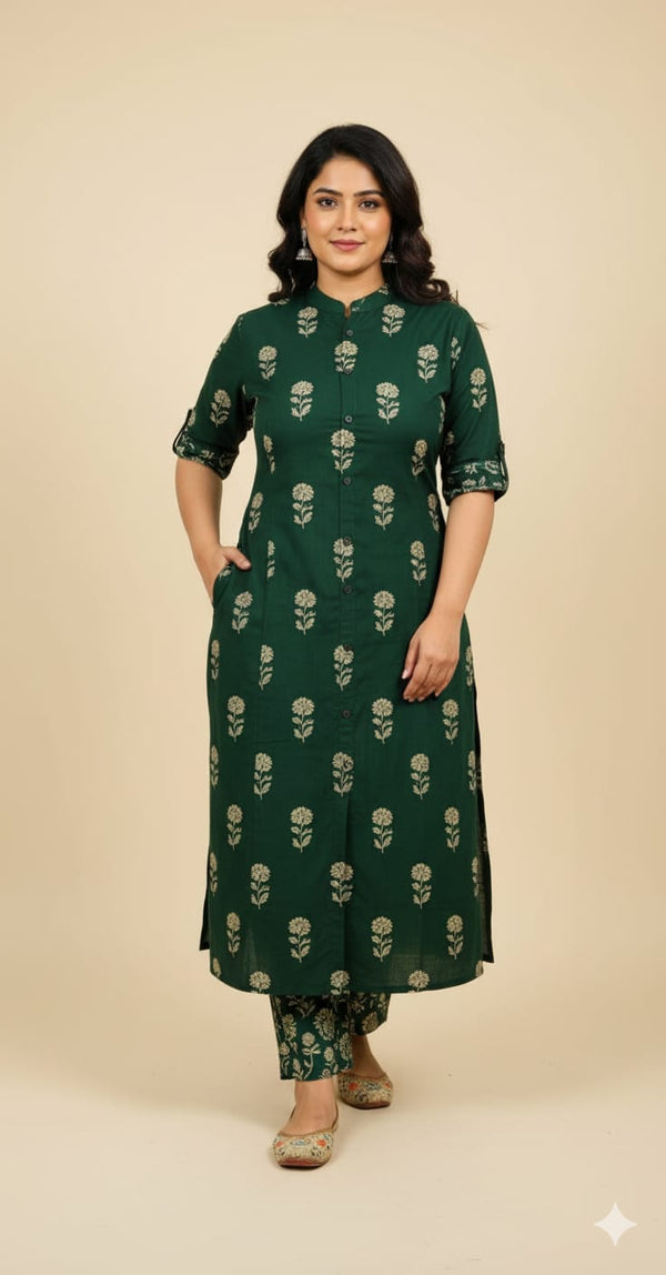 Woman wearing a green floral patterned outfit on a beige background