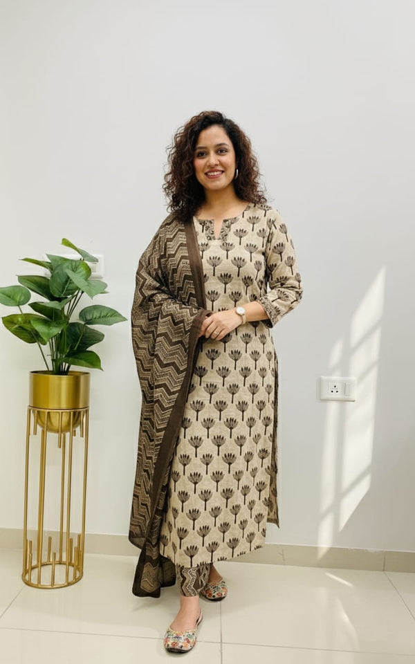 Floral Print Cotton Suit with Fine Cotton Dupatta