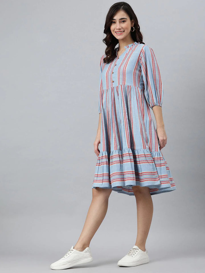 Indian Western Dress Sky Blue Cotton Blend Striped Flared BE UNIQUE WEAR