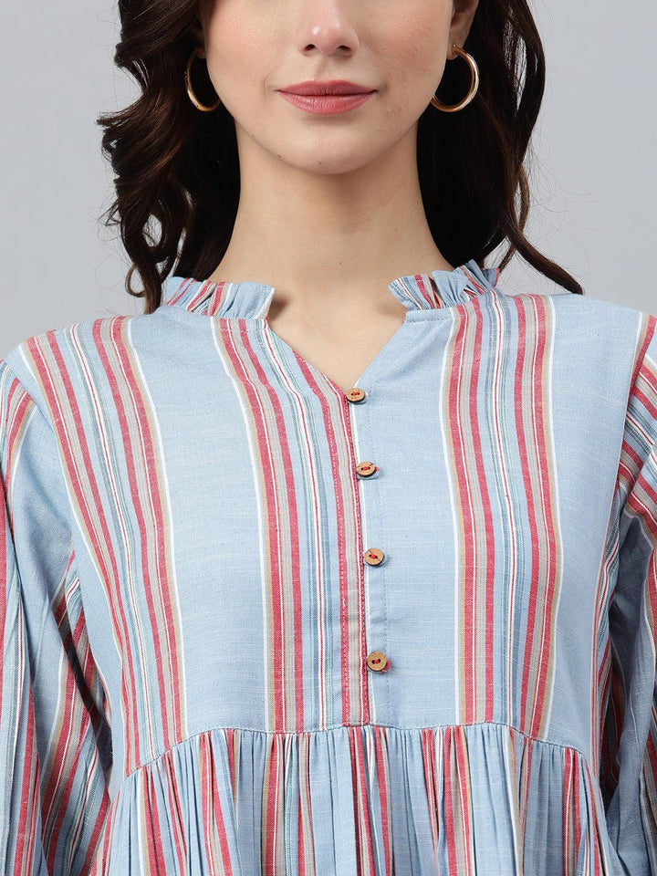Indian Western Dress Sky Blue Cotton Blend Striped Flared BE UNIQUE WEAR