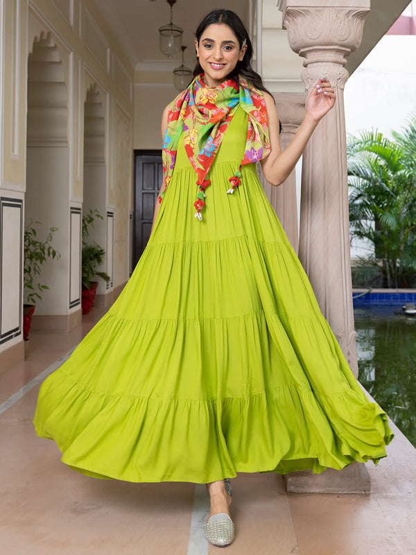 Lime Green Rayon Solid Kurta And Scarf BE UNIQUE WEAR
